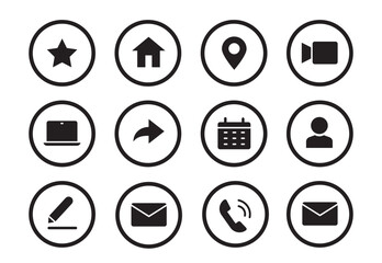 Phone, email contact icon. Mail, telephone adress, message symbol for website button. Black solid pictogram design style icon set. Vector illustration.