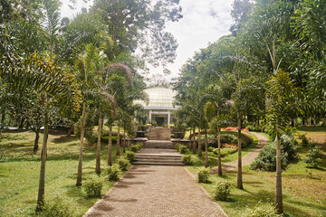View of the orangery with a round roof in the Royal Botanic Garden of Sri Lanka