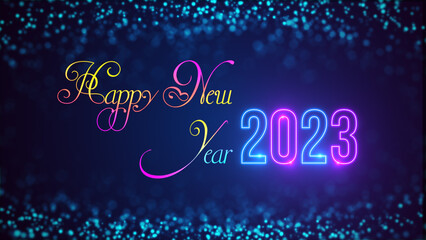 Blue Colorful Artistic Happy New Year 2023 Lettering Neon Light Flare on Blue Shine Digital Space Blurry Top Bottom Glitter Sparkle Dust Background