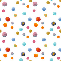 Seamless pattern bright colorful dots painted in watercolor on a white background. For fabric, sketchbook, wallpaper, wrapping paper.