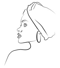 The face is one line. An African woman in a traditional headdress. Avatar of a girl with a scarf on. Portrait of a girl. Vector flat illustration.