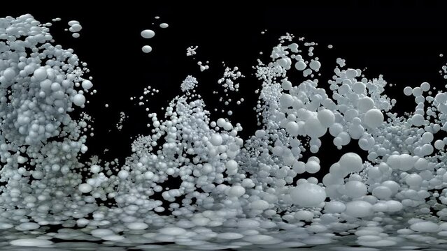 Bubble Burst - foaming balls balloons explosion. White color foam spheres in slow motion macro fisheye wide-angle lens close up shot isolated on black. Alpha channel 60 fps 4k