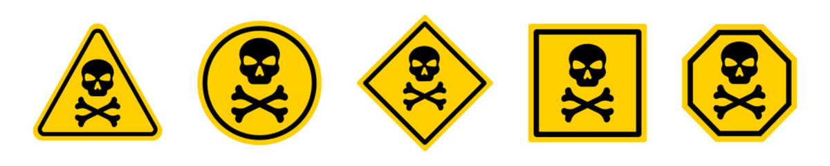 Set of yellow danger signs from skull and bones. Danger, toxic, warning sign. Hazard deadly zone. - obrazy, fototapety, plakaty