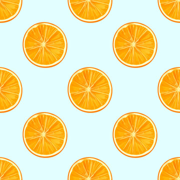 Seamless pattern with illustration orange slices on a blue background