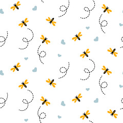 Honey bees on white background. Seamless pattern with honey bees for fabric, wrap paper or kids apparel