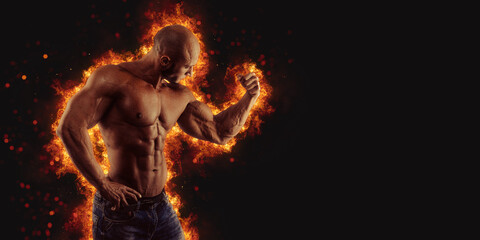 Obraz na płótnie Canvas Brutal strong athletic Bodybuilder posing. Fire and spark explosion in the background.