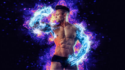 Fototapeta na wymiar Muscular body builder lifting weight with energy lights on biceps concept