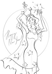 line illustration design element postcard happy new year poster happy holiday lettering woman cheerful in evening dress with hairstyle with sparkler fashion style character
