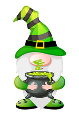 Cartoon green gnome with magic potion for Halloween Day.