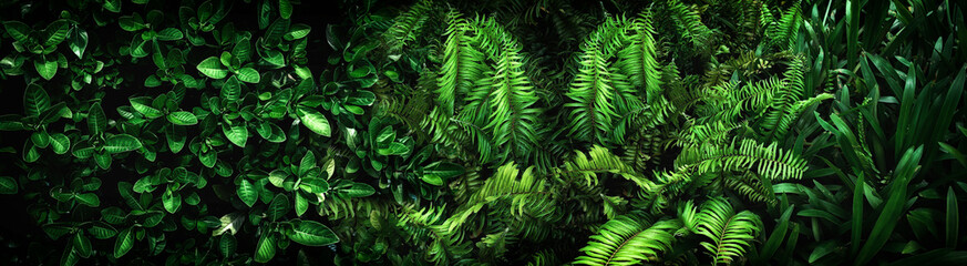 Naklejka na ściany i meble abstract stunning panorama green leaf texture, tropical leaf foliage nature dark green background. green banners nature tropical concept.