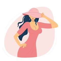 Confident and graceful woman in a pink dress and hat. A young girl in a wide-brimmed hat covering her face. Vector isolated illustration of a beautiful mysterious lady. cartoon flat style.