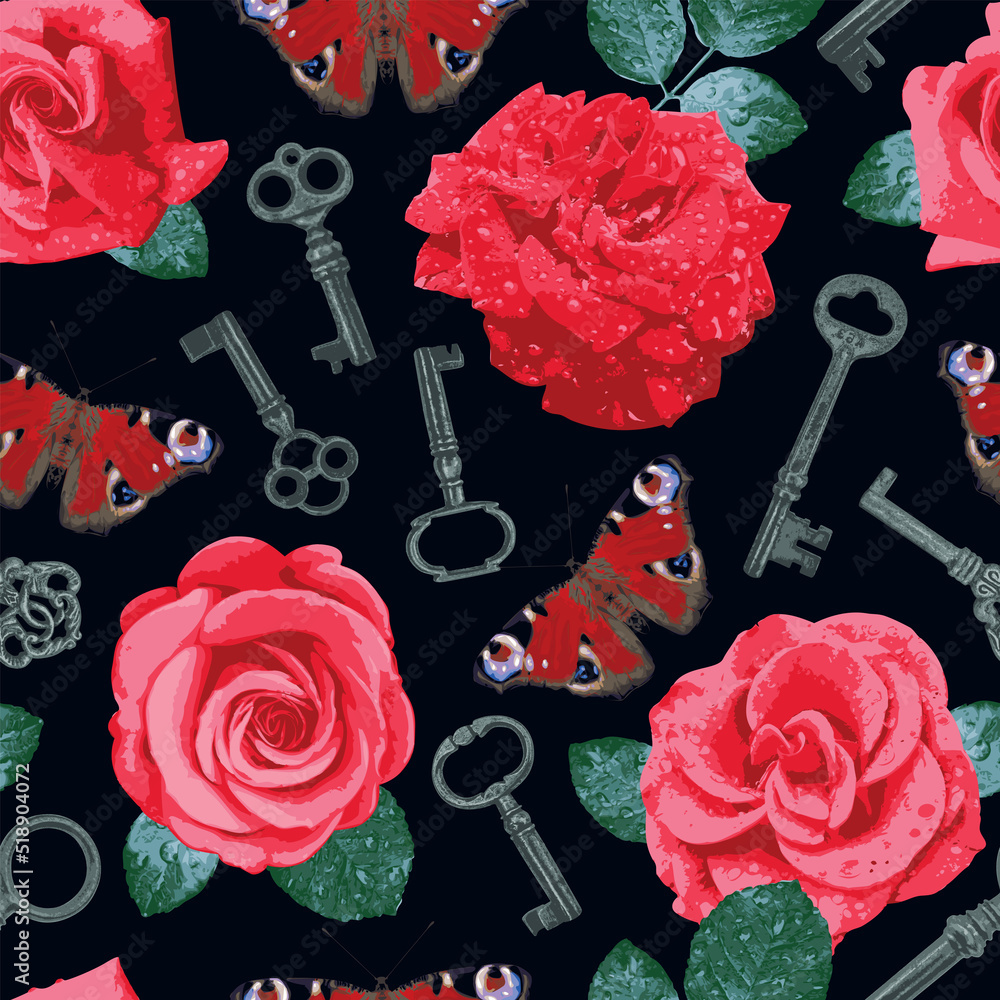 Aufkleber vector seamless pattern on the theme of love with roses, butterflies and keys. vector background in 