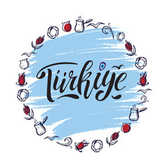 Turkiye. Hand lettering. Vector logo of Turkey in black color with seagulls nazar symbol, simit turkish tea coffee garnet souvenir products, banner emblem, travel blog social media, brochure, flyer.