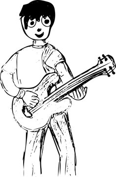 Cartoon Character Sketch Drawing of young boy playing guitar, Line art silhouette drawing of guitar player, Guitar player vector