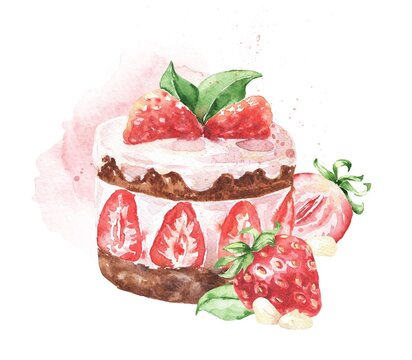 Strawberry Cake On White Background. Delicious Watercolour Food Illustration.	