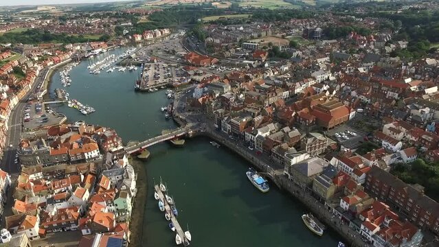aerial view of Whitby, North Yorkshire seaside town  resort and fishing port 