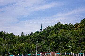 Views of the city of Ufa from a body trip on the Belaya (Agidel) River. July 2022