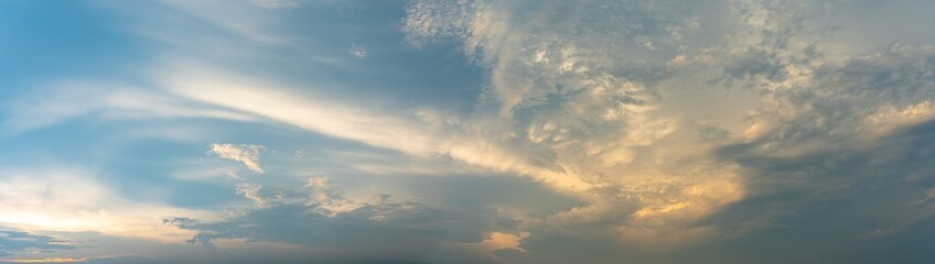 Panoramic cloudscape of dramatic blue sky and clouds at twilight 