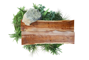Signs with plants and decorative wooden planks on a white background.