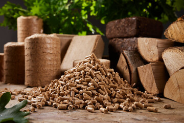 Fuel pellets and briquettes with cut tree logs on table