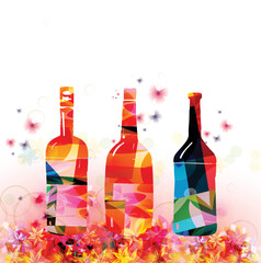  Colorful glass bottles with flowers vector illustration. Party flyer, wine tasting event, wine festival, celebrations, restaurant poster. Wine drink design for invitation card, menu, promotion	 - obrazy, fototapety, plakaty