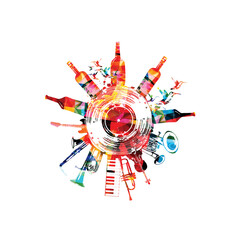  Music promotional poster with musical instruments and bottles isolated vector illustration. Colorful design with vinyl record disc for concert events, music festivals and shows, party flyer	