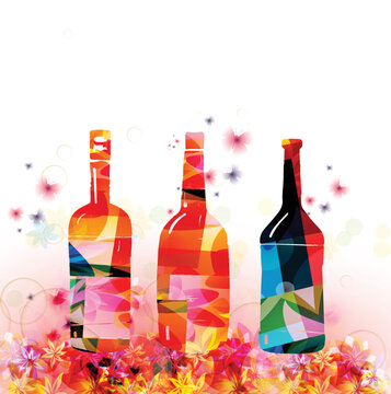  Colorful glass bottles with flowers vector illustration. Party flyer, wine tasting event, wine festival, celebrations, restaurant poster. Wine drink design for invitation card, menu, promotion	