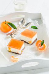 Cold chilled cheesecake made of foam jelly and fruit