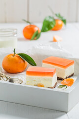Cold chilled cheesecake with jelly and fresh mandarin