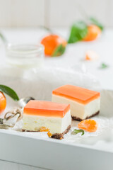 Fruity and homemade cheesecake made of foam jelly and fruit