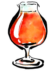 「ビール（赤ビール）」の手書きイラスト（筆書き墨絵風）
