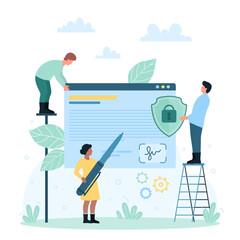 Digital signature for online signing documents vector illustration. Cartoon tiny people sign agreement with electronic certificate, man and woman holding pen and shield to approve and protect results