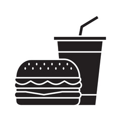 Hamburger and soft drink cup, Fast food icon sign, Silhouette flat design on white background, Vector illustration