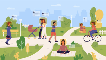 Obraz na płótnie Canvas Face recognition of people walking in city park vector illustration. Cartoon pedestrians walk with biometric authentication profile and information under head, machine learning of AI system background