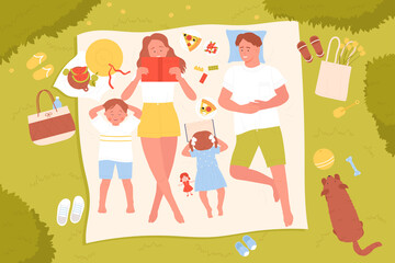 Family weekend picnic, top view vector illustration. Cartoon parents and kids lying on summer grass lawn, cute woman and baby girl read book outdoor, people eat pizza and watermelon background