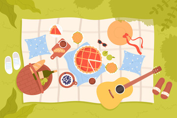 Summer picnic on green grass, top view vector illustration. Cartoon basket with bread and bottle of wine, croissants and pie in plates, hat and guitar for couple to relax in nature background