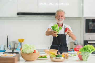 Happy smiling senior Caucasian man holding vegetables in kitchen at home. Healthy lifestyle