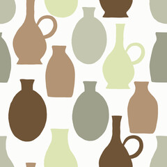 Cute seamless pattern with ceramic pottery in brown, green and yellow on cream background. - 518912644
