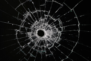 bullet hole on glass black background for overlay, transparent window