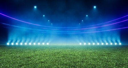Abstract green football pitch stadium background illuminated by textured green pitch ground. Science, product and sports technology concept © Martin Piechotta