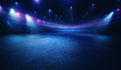 Fototapeta na wymiar Illuminated dark concrete surface surrounded by modern neon colour lights