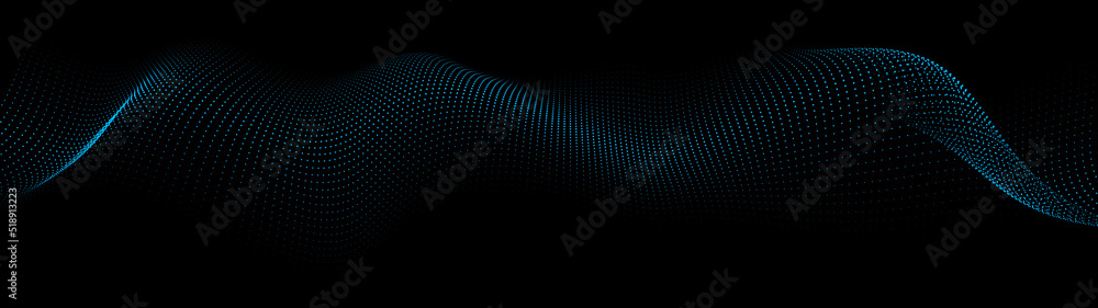 Poster a moving digital 3d wave. futuristic dark background with dynamic blue particles. the concept of big