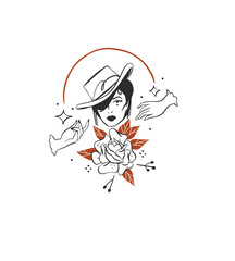 Hand drawn abstract vector graphic clipart illustration boho cowgirl in hat portrait.Western female design concept.Bohemian wild west contemporary art.Cowboy girl modern drawing.American cowgirl logo.