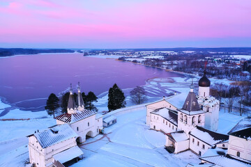 Fototapeta premium ferapontovo winter monastery landscape, top view christmas religion architecture background