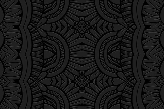 Embossed black background, ethnic cover design. Geometric vintage 3D pattern, arabesque, hand drawn style. Tribal topical ornaments of the East, Asia, India, Mexico, Aztecs, Peru.