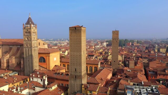 Flight over three towers, center of Bologna, Italy