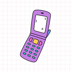 Retro flip phone in bright colors. Vector hand-drawn doodle illustration isolated on white background. Perfect for cards, decorations, logo, various designs. Nostalgia, 90s style