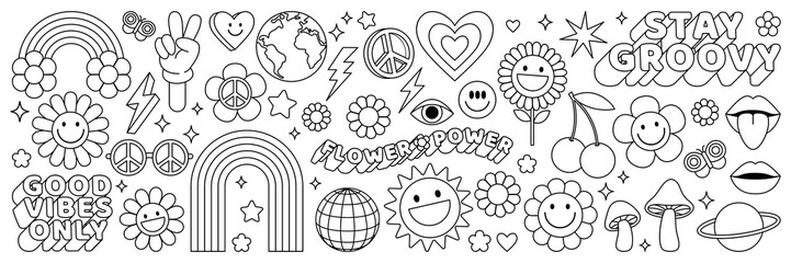 Groovy hippie 70s set. Funny cartoon flower, rainbow, peace, Love, heart, daisy, mushroom etc. Sticker pack in trendy retro psychedelic cartoon style. Isolated vector illustration. Flower power.