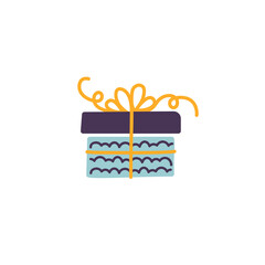 Blue doodle gift box icon, colorful silhouette with bow ribbon isolated on white background. Wrapping paper pattern, kids drawing sketch style. Birthday present package Merry Christmas drawing