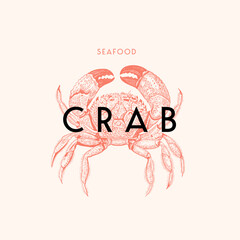 The sea crab is drawn in the style of an engraving on a light background. Seafood. Signboard for a restaurant. Illustration for the menu of fish restaurants, for product packaging. Vector illustration